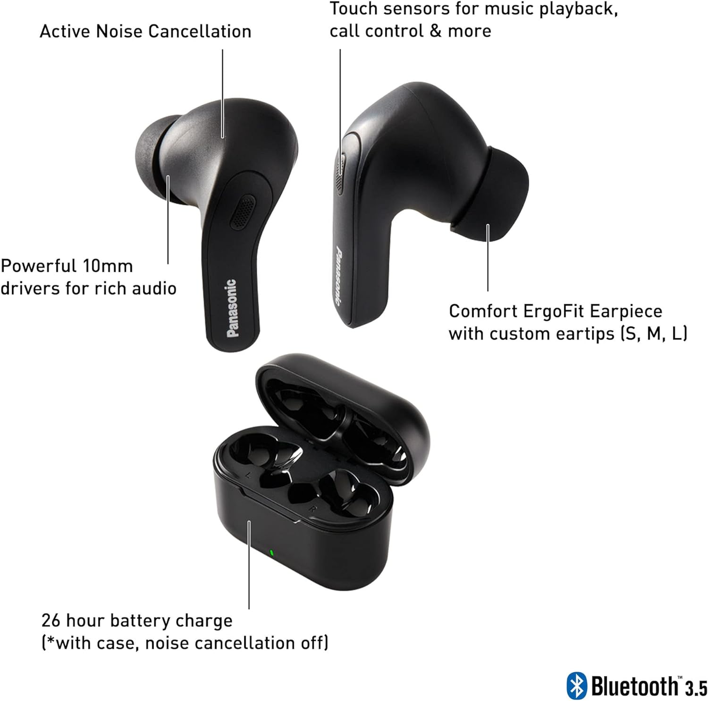 Panasonic RZ-B310W ErgoFit True Wireless Earbuds with Noise Cancelling - Black (RZ-B310WDG-K)