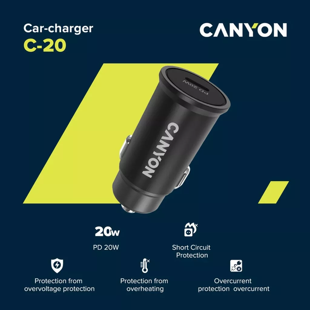 Canyon C-20 PD 20W USB-C Car Charger - Black (CNS-CCA20B)